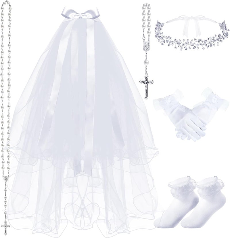 Funtery 6 Pcs First Communion Veils Girls Catholic Set 1st Communion Wreath Veil Headpiece Sock Necklace Bracelet Kid Wedding - Image 1